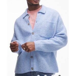 Topman Mens XL Light Blue Brushed Ribbed Knit Button Down Polo Cardigan Sweater